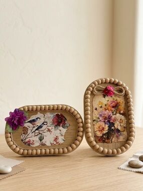 Handcrafted Wooden Bead Frame with Floral and Bird Art – Natural